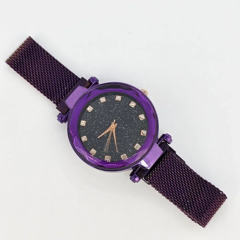 34MM Women's Watch Black Glitter Dial Purple‎ Mesh Band Up to 9